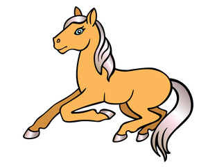 Little foal of palomino suit lying on the ground - vector full color illustration. A cute, cheerful foal with a light mane and golden body. The little horse is resting.
