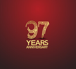 97 years golden anniversary logotype with labyrinth style number isolated on red background. vector can be use for template, company special event and celebration moment