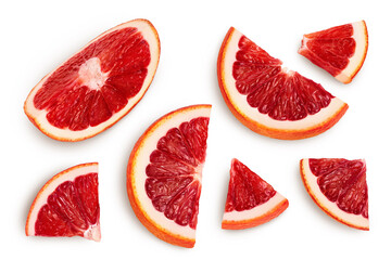 Blood red oranges slices isolated on white background with clipping path. Top view. Flat lay