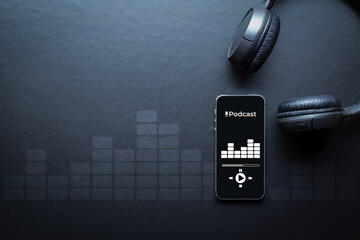 Podcast audio equipment. Audio microphone, sound headphones, podcast application on mobile...