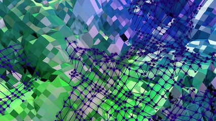 3d rendering of low poly background with 3d objects and modern gradient colors green blue. Creative simple geometric background of polygons