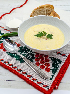 Beef Tripe Soup With Sour Cream And Green Pepper On Rustic Background