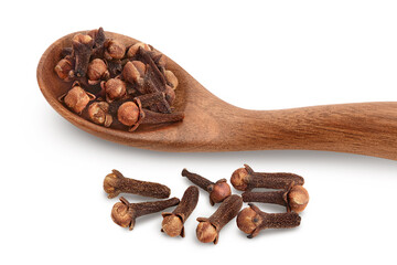 Dry spice cloves in wooden spoon isolated on white background with clipping path and full depth of field.