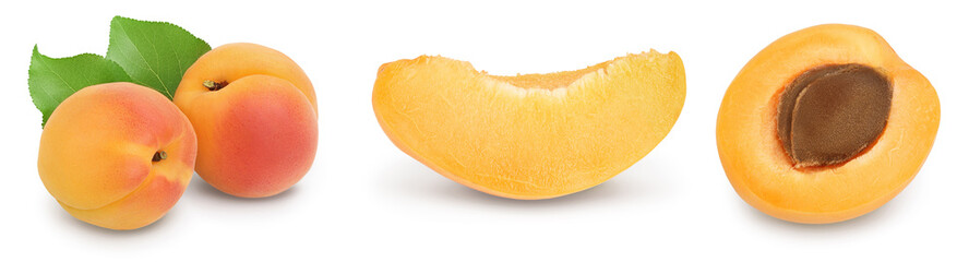 apricot fruit with half and slices isolated on white background with full depth of field. Set or collection