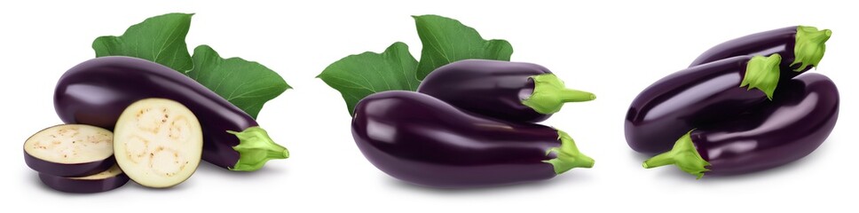 Eggplant or aubergine isolated on white background with full depth of field, Set or collection