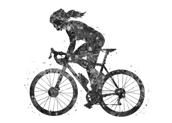 Road biker girl black and white watercolor art, abstract sport painting. sport art print, watercolor illustration artistic, greyscale, decoration wall art.