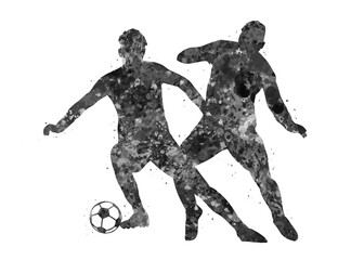 Soccer Player black and white watercolor art, abstract sport painting. sport art print, watercolor illustration artistic, greyscale, decoration wall art.