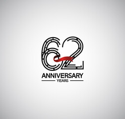 62 years anniversary logotype flat design with labyrinth style number and red ribbon. vector can be use for template, company special event and celebration moment