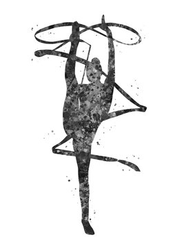 Rhythmic gymnastics ribbon black and white watercolor art, abstract sport painting. sport art print, watercolor illustration artistic, greyscale, decoration wall art.