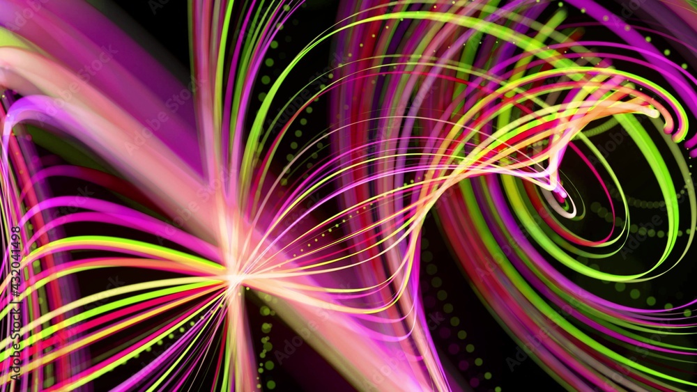 Poster 3d render. light flow bg. abstract background with light trails, stream of green red yellow neon lin