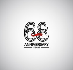 68 years anniversary logotype flat design with labyrinth style number and red ribbon. vector can be use for template, company special event and celebration moment