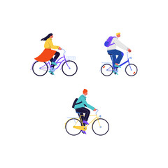 Set of flat illustrations of different people wearing casual clothes riding vintage city bikes
