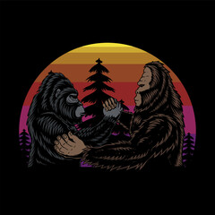 Bigfoot and gorilla brothers retro vector illustration - obrazy, fototapety, plakaty