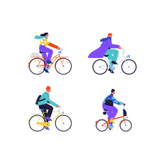 Set of flat illustrations of different people wearing casual clothes riding different kinds of city bikes