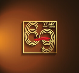 69 years anniversary logotype golden color with square and red ribbon. vector can be use for template, company special event and celebration moment