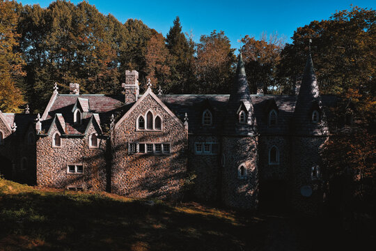 Aerial of Historic & Abandoned Dundas Castle - Fairy Tale / Elizabethan & Gothic Revival Architecture - Catskill Mountains - New York