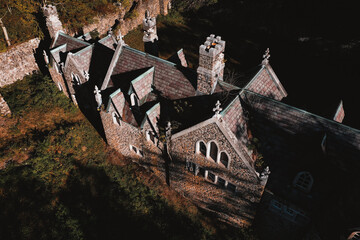 Aerial of Historic & Abandoned Dundas Castle - Fairy Tale / Elizabethan & Gothic Revival Architecture - Catskill Mountains - New York