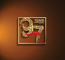 97 years anniversary logotype golden color with square and red ribbon. vector can be use for template, company special event and celebration moment