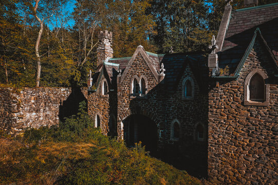 Aerial of Historic & Abandoned Dundas Castle - Fairy Tale / Elizabethan & Gothic Revival Architecture - Catskill Mountains - New York