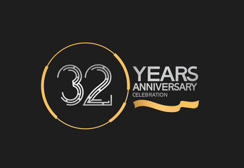 32 years anniversary logotype style with silver and gold color, ring and ribbon. vector can be use for template, company special event and celebration moment