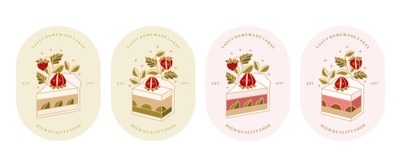 Collection of vintage bakery, pastry, cake logo and food label with strawberry plant elements