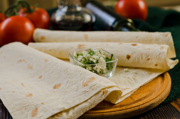 Armenian thin lavash and cottage cheese with herbs