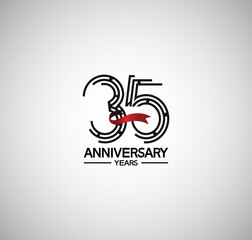 35 years anniversary logotype flat design with labyrinth style number and red ribbon. vector design for template company event