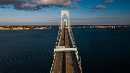 Late Evening Aerial Views of Historic Newport Suspension Bridge - East Passage Narragansett Bay - Rhode Island