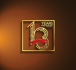 13 years anniversary logotype golden color with square and red ribbon. vector can be use for greeting card, invitation and celebration event