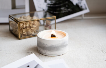 Burning candle with wooden wick, handmade natural wax candle