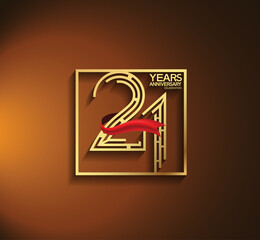 21 years anniversary logotype golden color with square and red ribbon. vector can be use for greeting card, invitation and celebration event