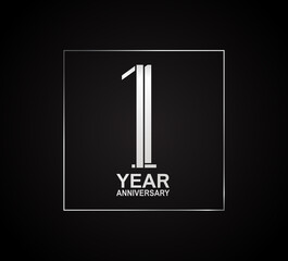 1 year anniversary logotype with cross hatch pattern silver color inside square. vector can be use for greeting card, invitation and celebration event