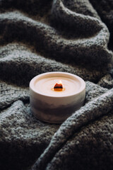 Burning candle with wooden wick, handmade natural wax candle