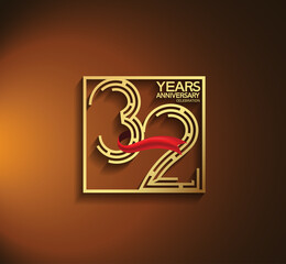 32 years anniversary logotype golden color with square and red ribbon. vector can be use for greeting card, invitation and celebration event