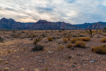 Red Rock Canyon Desert Valley before La Madre Mountain Range Wilderness White Rock Hills Bridge Mountain and Mt Wilson at Sunset from Calico 1 Overlook