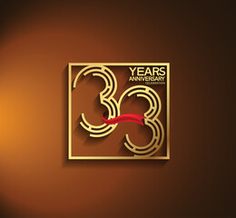 33 years anniversary logotype golden color with square and red ribbon. vector can be use for greeting card, invitation and celebration event