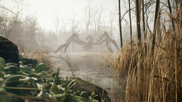 A creepy spider monster stands in the middle of a lake in a misty, deserted forest. Mystical nightmare concept. The seamless loopable animationis for fantasy, mystical or horror backgrounds.
