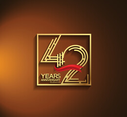 42 years anniversary logotype golden color with square and red ribbon. vector can be use for greeting card, invitation and celebration event
