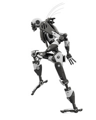 skeleton robot is marching white background side view