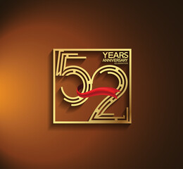 52 years anniversary logotype golden color with square and red ribbon. vector can be use for greeting card, invitation and celebration event