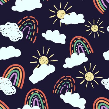 Seamless pattern with doodle sun, clouds and rainbow. Design for paper, textile and decor.