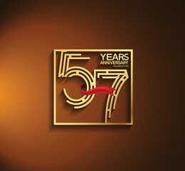 57 years anniversary logotype golden color with square and red ribbon. vector can be use for greeting card, invitation and celebration event