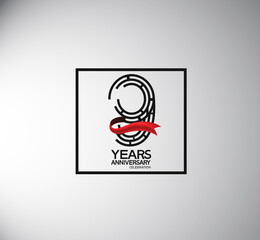 Fototapeta na wymiar 9 years anniversary logotype flat style with square and red ribbon. vector can be use for special moment event and company celebration