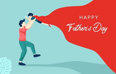 Happy father's day vector illustration concept, dad playing with his son wearing cape, can use for, landing page, template, ui, web, homepage, poster, banner, flyer
