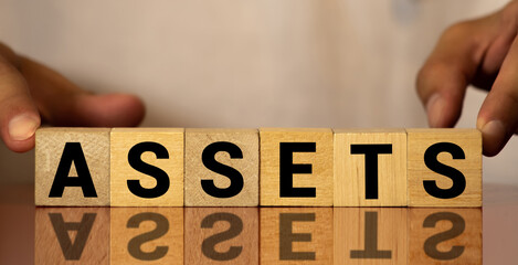 ASSEST inscription on the texture of wooden cubes. A business man holds a cube in his hand.