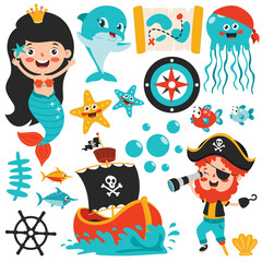Set Of Cartoon Sea Elements