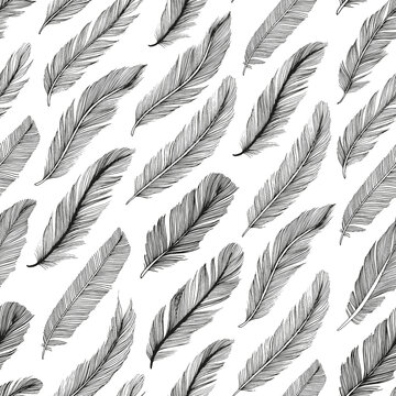 Hand drawn rustic ethnic decorative feathers. Vector seamless pattern. Tribal bird feathers ornament. Vector ink illustration isolated on white background. Ethnic boho style hand drawing