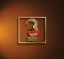 3 years anniversary logotype golden color with square and red ribbon. vector can be use for template company celebration and special moment event