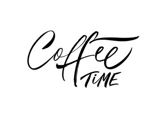 Coffee time hand drawn vector calligraphy. Black ink illustration isolated on white background. Modern brush lettering vector illustration for poster, card, banner for cafe. Relaxing and chill quote. 
