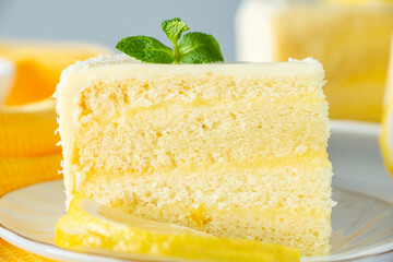 Piece of biscuit dessert  with lemon and coconut flakes. Layered vanilla cake on white plate.